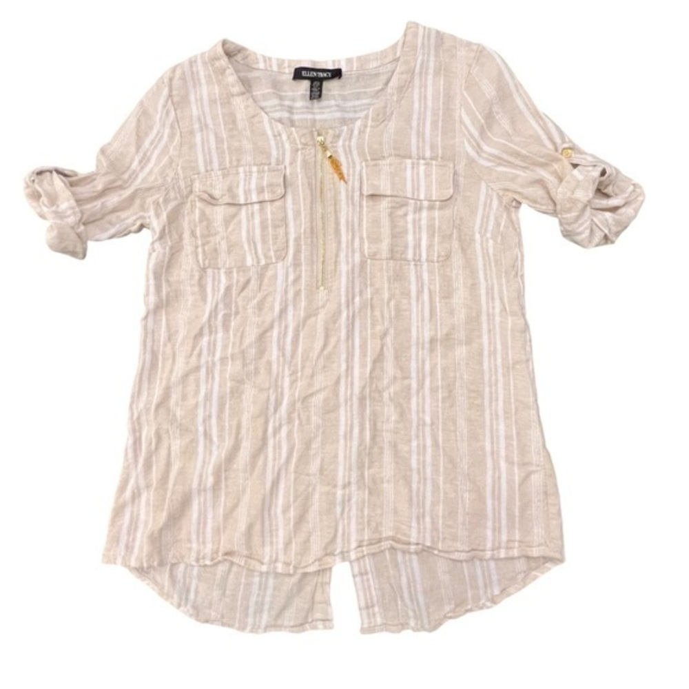Ellen Tracy Linen Blend Striped Tunic Top Tassel Roll Tab Sleeve Coastal Beachy